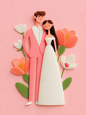 JPG 편집이미지 커플 드레스 기념일 꽃 행복 신부 분홍색 신랑 결혼 포옹 결혼식 사랑 장식 손잡기 페이퍼아트 편집실사 AI포토 AI콘텐츠 식물 옷 감정 컬러 관계 안기 모션 이벤트 CG 파일형식