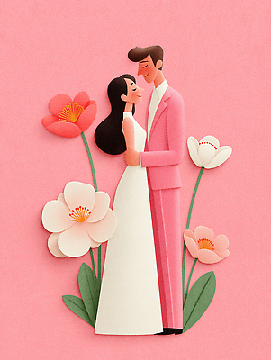 JPG 편집이미지 디자인 커플 꽃 행복 신부 분홍색 신랑 백그라운드 결혼식 사랑 장식 로맨틱 페이퍼아트 순간 핸드메이드 편집실사 AI포토 AI콘텐츠 식물 감정 컬러 결혼 컨셉 관계 CG 파일형식