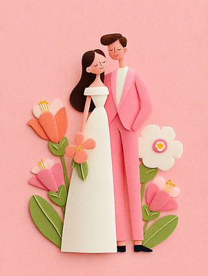 JPG 편집이미지 디자인 커플 드레스 꽃 행복 예술 분홍색 포즈 결혼식 사랑 로맨틱 페이퍼아트 편집실사 AI포토 AI콘텐츠 식물 옷 감정 컬러 결혼 컨셉 관계 CG 파일형식