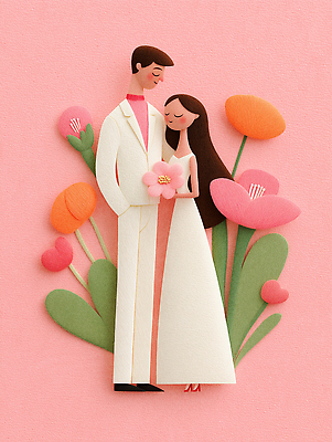 JPG 편집이미지 디자인 커플 행복 컬러 꽃다발 포즈 결혼 백그라운드 사랑 귀여움 사각형 페이퍼아트 뷰티풀 순간 창작 편집실사 AI포토 AI콘텐츠 도형 꽃 감정 컨셉 관계 이벤트 CG 파일형식