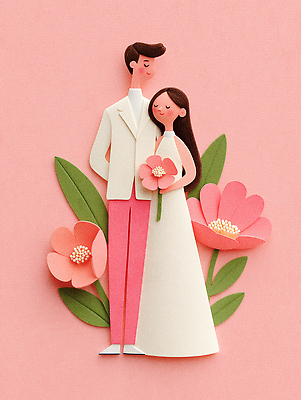 JPG 편집이미지 디자인 커플 꽃 행복 신부 꽃다발 포즈 신랑 결혼식 사랑 장식 귀여움 페이퍼아트 초대장 편집실사 AI포토 AI콘텐츠 식물 감정 결혼 컨셉 관계 카드_감사 CG 파일형식