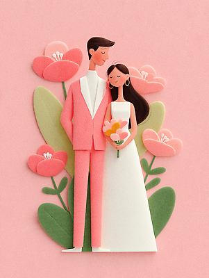 JPG 편집이미지 디자인 커플 꽃 행복 신부 분홍색 꽃다발 신랑 결혼 사랑 장식 페이퍼아트 그림 애니메이션 편집실사 AI포토 AI콘텐츠 식물 감정 컬러 관계 이벤트 CG 파일형식