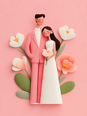JPG 무료이미지 편집이미지 디자인 부부 커플 꽃 행복 예술 분홍색 포즈 결혼 신혼부부 결혼식 사랑 장식 페이퍼아트 편집실사 AI포토 AI콘텐츠 식물 감정 컬러 관계 이벤트 CG 신혼 파일형식