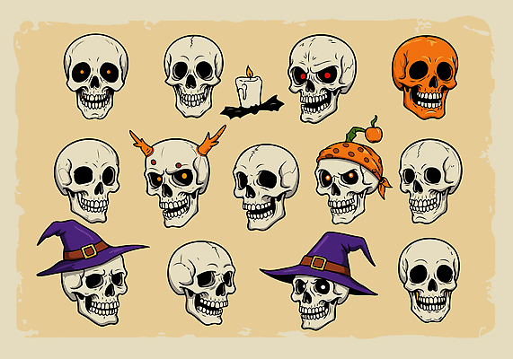 캐릭터 디자인 감정 컬러 포즈 백그라운드 일러스트 놀이 호박 해골 장식 파티 축제 전시 할로윈 유령 오브젝트 마녀모자 국내일러스트 일러캐릭터 AI파일 모자_잡화 채소 뼈 이벤트 파일형식 벡터