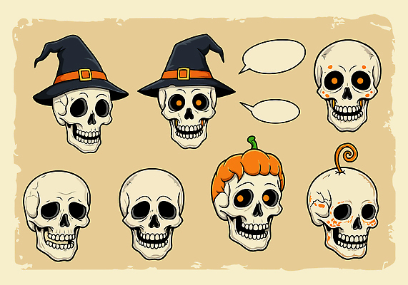 캐릭터 전통 예술 상징 일러스트 장난 호박 해골 표정 대화 장식 축제 할로윈 표현 유머 분위기 만화 즐거움 마녀모자 생동감 국내일러스트 일러캐릭터 AI파일 모자_잡화 감정 컨셉 채소 뼈 말하기 파일형식 벡터