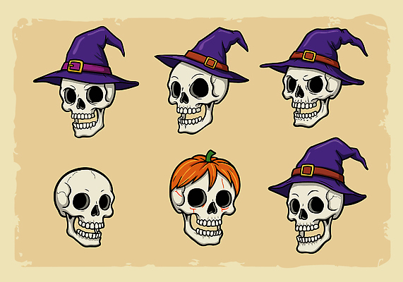 캐릭터 디자인 일러스트 해골 아이디어 표정 사람 귀여움 축제 유머 분위기 만화 그림 마녀모자 대중문화 창의성 스타일 Halloween 국내일러스트 일러캐릭터 AI파일 모자_잡화 감정 문화 컨셉 뼈 파일형식 벡터