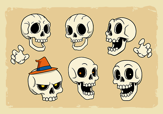 캐릭터 디자인 감정 컬러 패턴 일러스트 해골 표정 그래픽 귀여움 할로윈 표현 유머 즐거움 그림 애니메이션 상상력 호러 국내일러스트 일러캐릭터 AI파일 컨셉 무늬 뼈 공포 파일형식 벡터