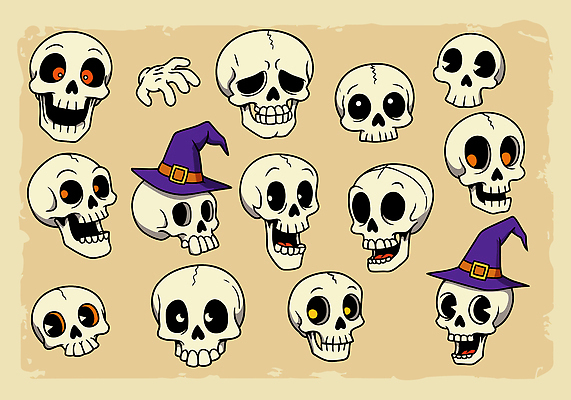 캐릭터 모자 전통 손 기호 디자인 컬러 일러스트 해골 표정 웃음 귀여움 검은색 여러개 활발 할로윈 만화 그림 애니메이션 스타일 국내일러스트 일러캐릭터 AI파일 문자 잡화 다수 컨셉 뼈 신체부위 파일형식 벡터