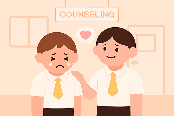 학생 감정 일러스트 교실 관계 모션 따뜻함 친구 슬픔 성장 도움 상담 위로 소통 긍정적 상담실 이해 조언 지원 국내일러스트 AI파일 교육 컨셉 학교 파일형식 벡터