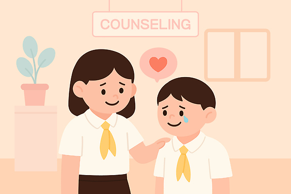 여학생 감정 남학생 일러스트 학교 관계 따뜻함 친구 슬픔 도움 상담 갈등 위로 소통 문제해결 배려 상담실 지원 국내일러스트 AI파일 학생 여자 교육 남자 컨셉 파일형식 벡터