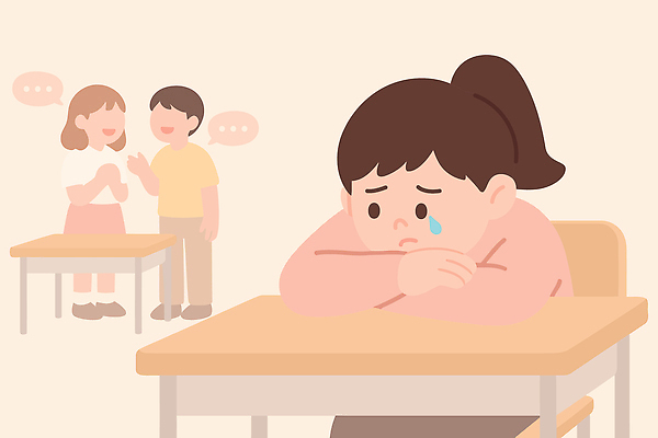 학생 감정 어린이 백그라운드 일러스트 교실 청소년 대화 생활 친구 우정 슬픔 표현 고독 고민 그림 소통 고립 소셜 국내일러스트 AI파일 교육 컨셉 학교 관계 말하기 사람 파일형식 벡터