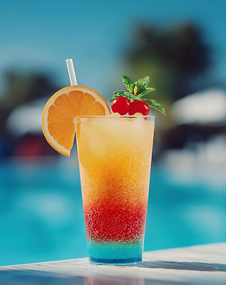JPG 편집이미지 음료 오렌지 과일 휴식 수영장 여름 파란색 칵테일 바 체리 시원함 민트 즐거움 편집실사 AI포토 AI콘텐츠 계절 감정 컬러 컨셉 주류 허브 CG 파일형식