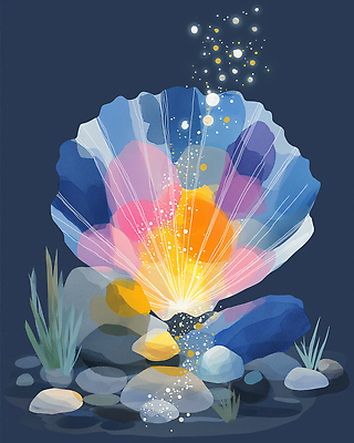 JPG 예술 바다 컬러 일러스트 자연 빛 수중 암석 조개껍데기 해초 신비 뷰티풀 국내일러스트 AI일러스트 AI콘텐츠 컨셉 조개 돌_바위 해조류 생태계 파일형식