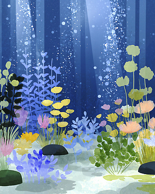 JPG 식물 꽃 바다 컬러 일러스트 자연 조명 수채화 미술 수중동물 흙 해양식물 파란배경 국내일러스트 AI일러스트 AI콘텐츠 동물 백그라운드 문화예술 파란색 수중식물 생태계 파일형식