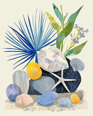 JPG 식물 예술 바다 컬러 일러스트 자연 조개 해변 장식 평화 수중동물 수집 조화 국내일러스트 AI일러스트 AI콘텐츠 동물 컨셉 어패류 생태계 파일형식