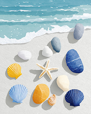 JPG 모래 파도 바다 일러스트 자연 조개 해변 여름 파란색 모래사장 조약돌 바위 국내일러스트 AI일러스트 AI콘텐츠 계절 컬러 어패류 돌_바위 생태계 파일형식