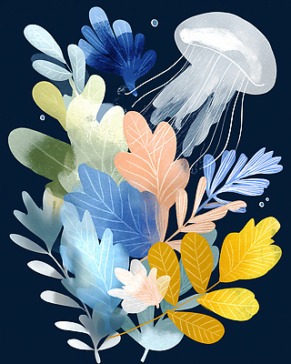 JPG 식물 디자인 바다 컬러 잎 일러스트 자연 수채화 미술 수중 수중동물 해파리 뷰티풀 국내일러스트 AI일러스트 AI콘텐츠 동물 문화예술 자포동물 생태계 파일형식