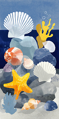 JPG 모양 바다 일러스트 자연 조개 파란색 해저 수중 수중동물 산호 성게 국내일러스트 AI일러스트 AI콘텐츠 동물 컬러 어패류 극피동물 바닷속 자포동물 생태계 파일형식