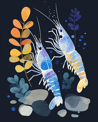 JPG 식물 바다 컬러 일러스트 자연 수채화 새우 그래픽 수중동물 수조 조화 뷰티풀 창의성 국내일러스트 AI일러스트 AI콘텐츠 동물 갑각류 생태계 파일형식