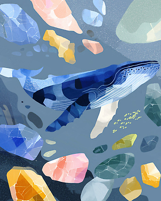 JPG 예술 바다 컬러 일러스트 자연 풍경 해저 수중 수영 돌_바위 수면 고래 그림 국내일러스트 AI일러스트 AI콘텐츠 포유류 물 바닷속 수중동물 수상스포츠 생태계 파일형식