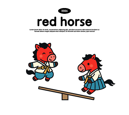 동물 캐릭터 한국문화 전통 컬러 일러스트 장난 놀이 친구 기쁨 놀이기구 한복 즐거움 상쾌 시소 애니메이션 2026년 일러캐릭터 붉은말 AI파일 동양문화 한국전통 감정 관계 한국 말_동물 전통의상 연도 파일형식 벡터