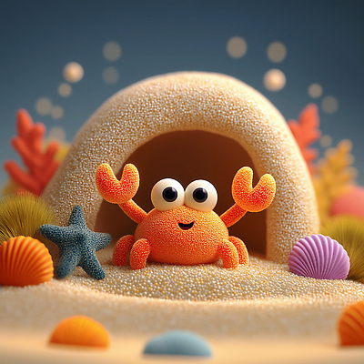 JPG 편집이미지 바다 컬러 자연 조개 해변 3D 귀여움 주황색 게 굴 해조류 만화 즐거움 장면 오후 편집3D AI컴퓨터그래픽 AI콘텐츠 감정 컨셉 어패류 갑각류 해양식물 디지털합성 생태계 파일형식