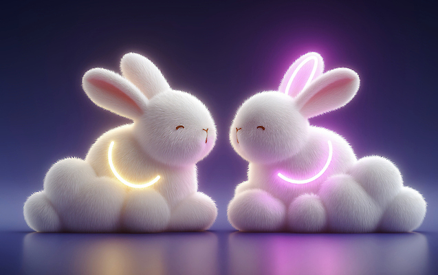 JPG 동물 구름 편집이미지 캐릭터 커플 상상 하늘 조명 사랑 미소 장식 3D 귀여움 토끼 포근함 부드러움 애니메이션 편집3D AI컴퓨터그래픽 AI콘텐츠 자연요소 감정 컨셉 포유류 관계 표정 반려동물 감각 디지털합성 파일형식