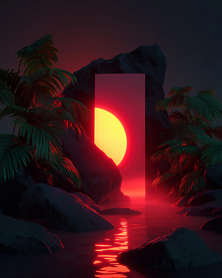 JPG 편집이미지 백그라운드 자연 풍경 물 빛 태양 3D 문 평화 일몰 바위 오픈 저녁 신비 열대식물 편집3D AI컴퓨터그래픽 AI콘텐츠 자연요소 식물 컨셉 노을 돌_바위 야간 디지털합성 생태계 파일형식