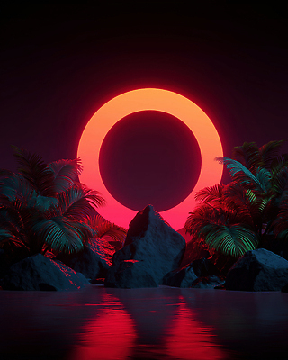 JPG 식물 편집이미지 자연 하늘 열대 풍경 물 빛 반사 3D 일몰 분위기 야간 신비 열대우림 편집3D AI컴퓨터그래픽 AI콘텐츠 자연요소 컨셉 노을 숲 디지털합성 생태계 파일형식