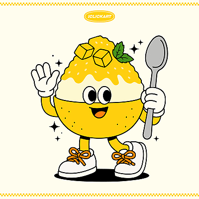 캐릭터 디자인 음식 컬러 과일 일러스트 아이스크림 디저트 웃음 그래픽 장식 노란색 귀여움 숟가락 만화 반가움 상상력 창의성 일러캐릭터 AI파일 감정 컨셉 수저 표정 파일형식 벡터