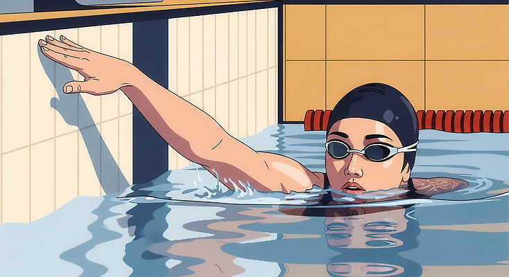 JPG 수영복 스포츠 일러스트 모션 아침 고글 수영장 물 여름 운동 수중 수영 경쟁 집중 연습 수영모 팔 국내일러스트 AI일러스트 AI콘텐츠 주간 자연요소 옷 계절 컨셉 건강 신체부위 수상스포츠 수영용품 파일형식