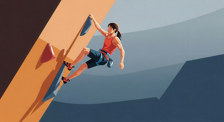 JPG 여자 스포츠 일러스트 모션 기술 여름 청춘 운동 헬스 주황색 힘 회색 도전 균형 집중 연습 암벽등반 스릴 국내일러스트 AI일러스트 AI콘텐츠 계절 컬러 컨셉 건강 사람 등산 파일형식