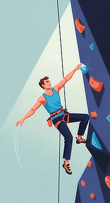 JPG 남자 벽 스포츠 일러스트 모션 기술 실내 손잡이 안전 취미 운동 힘 에너지 도전 균형 집중 연습 즐거움 클라이밍 국내일러스트 AI일러스트 AI콘텐츠 감정 컨셉 건강 사람 내부 등반 파일형식