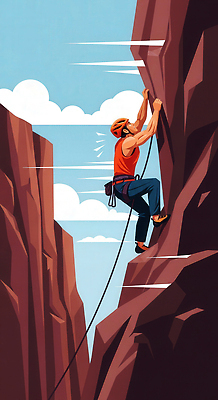 JPG 구름 남자 밧줄 스포츠 일러스트 모션 자연 하늘 풍경 야외 여름 운동 전선 도전 바위 안전장비 연습 열정 암벽등반 국내일러스트 AI일러스트 AI콘텐츠 자연요소 계절 감정 줄 건강 안전 사람 등산 장비 돌_바위 생태계 파일형식