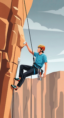 JPG 남자 스포츠 일러스트 응원 자연 하늘 협력 안전 여름 운동 야외활동 장비 도전 암석 고도 집중 연습 암벽등반 스릴 액티비티 국내일러스트 AI일러스트 AI콘텐츠 계절 컨셉 건강 사람 등산 돌_바위 생태계 파일형식