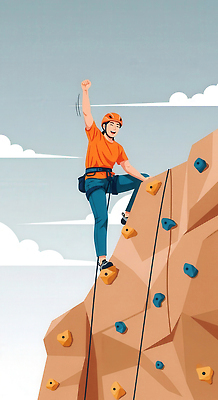 JPG 구름 남자 감정 스포츠 일러스트 모션 하늘 성공 실내 취미 운동 등산 기쁨 도전 안전장비 암벽 등반화 솜씨 국내일러스트 AI일러스트 AI콘텐츠 자연요소 신발 컨셉 건강 안전 사람 내부 트래킹 장비 파일형식