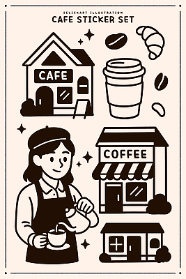 디자인 커피 음료 음식 스티커 일러스트 건물 일상 카페 원두 작업 차 편안함 커피잔 크루아상 주말 바리스타 국내일러스트 AI파일 직업 건축물 빵 잔 라이프 상점 감각 파일형식 벡터