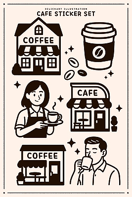 디자인 커피 음료 스티커 일러스트 일상 카페 원두 맛 커피잔 고객 서비스 바리스타 감성 국내일러스트 AI파일 직업 컨셉 잔 라이프 상점 파일형식 벡터