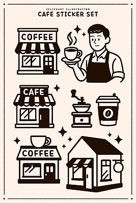 커피 음료 스티커 일러스트 간판 상점 카페 커피잔 직원 그림 그라인더 국내일러스트 AI파일 잔 커피용품 파일형식 벡터