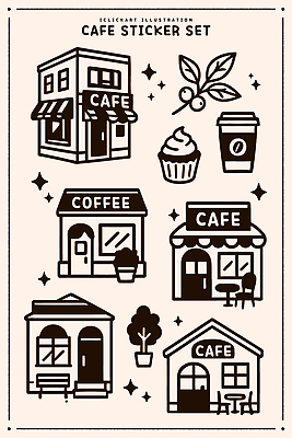 나무 디자인 여유 커피 음료 음식 스티커 일러스트 창문 건물 그래픽 장식 카페 편안함 컵케이크 그림 조화 창의성 핸드메이드 국내일러스트 AI파일 식물 건축물 감정 케이크 상점 감각 파일형식 벡터
