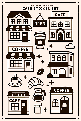 디자인 커피 음료 스티커 일러스트 아침 디저트 식사 공간 카페 빵집 달콤 커피잔 크루아상 모던 오후 국내일러스트 AI파일 주간 음식 빵 잔 상점 맛 파일형식 벡터