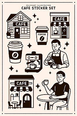디자인 커피 음료 예술 스티커 일러스트 탁자 아침 사람 장식 카페 빵집 커피잔 커피메이커 바리스타 국내일러스트 AI파일 주간 직업 가구 잔 상점 커피용품 파일형식 벡터