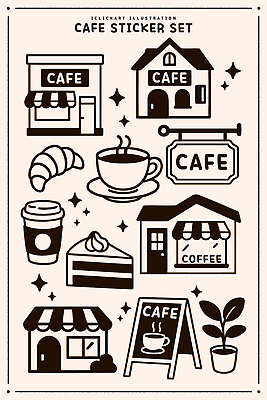 디자인 커피 음료 음식 스티커 일러스트 건물 그래픽 장식 세트 케이크 디지털 카페 크루아상 오브젝트 그림 감성 창의성 테마 스타일 국내일러스트 AI파일 건축물 빵 컨셉 디저트 상점 파일형식 벡터