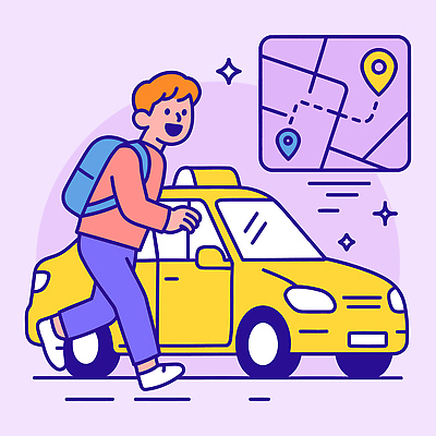 표지 남자 교통수단 여행 이동 지도 일러스트 배낭 거리 대중교통 스마트폰 노란색 걷기 운전 도시 계획 택시 위치 탐색 경로 국내일러스트 AI파일 컬러 교통 컨셉 가방 모션 승용차 자동차 사람 핸드폰 스마트기기 파일형식 벡터