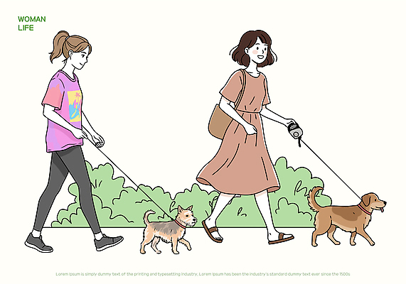 원피스 여자 행복 반려견 티셔츠 두마리 일러스트 자연 휴식 거리 일상 친구 반려동물 산책 개 교감 도보 오후 안락 국내일러스트 AI파일 동물 옷 감정 컨셉 셔츠 2 포유류 관계 사람 라이프 생태계 파일형식 벡터