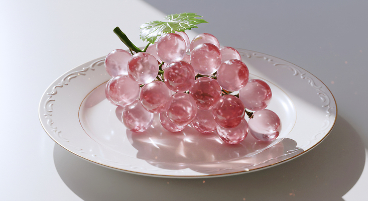 JPG 편집이미지 접시 분홍색 컬러 과일 식탁 포도 햇빛 반사 전시 흰색 우아함 장면 뷰티풀 편집실사 AI컴퓨터그래픽 AI콘텐츠 식기 컨셉 탁자 태양 CG 파일형식