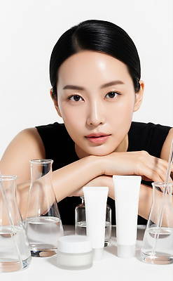 JPG 모델 편집이미지 여자 백그라운드 표정 관리 화장 뷰티 화장품 자신감 피부 심플 스킨케어 유리용기 의료성형뷰티 편집실사 AI인물포토 AI콘텐츠 감정 사람 신체부위 용기_그릇 CG 파일형식 AI포토