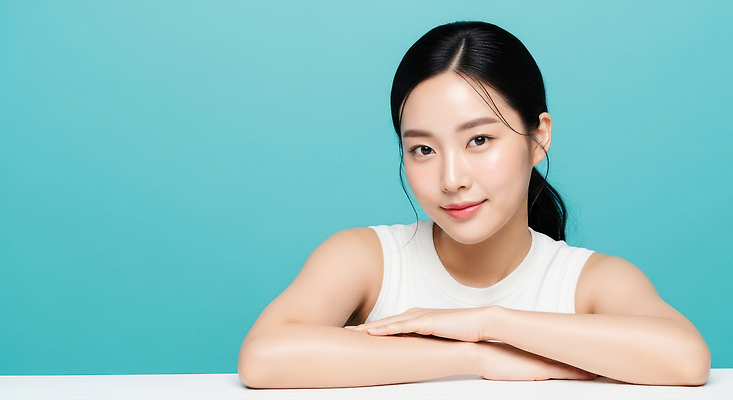 JPG 모델 편집이미지 헤어스타일 여자 포즈 탁자 미소 앞모습 청춘 뷰티 촬영 파란배경 스킨케어 의료성형뷰티 편집실사 AI인물포토 AI콘텐츠 뷰포인트 가구 백그라운드 컨셉 표정 사람 파란색 CG 파일형식 AI포토