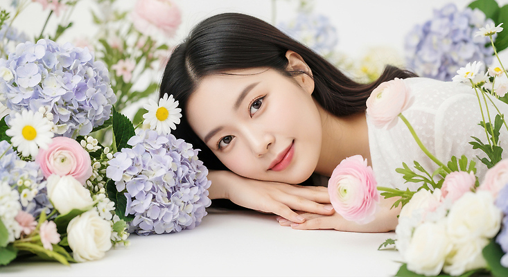 JPG 편집이미지 여자 꽃 화초 포즈 자연 휴식 사랑 미소 청춘 평화 농사 촬영 분위기 수국 뷰티풀 의료성형뷰티 편집실사 AI인물포토 AI콘텐츠 식물 감정 컨셉 농업 표정 사람 CG 생태계 파일형식 AI포토