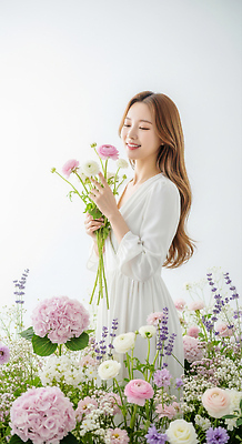 JPG 편집이미지 여자 꽃 행복 컬러 꽃다발 자연 조명 미소 정원 화사함 뷰티풀 의료성형뷰티 편집실사 AI인물포토 AI콘텐츠 식물 감정 컨셉 표정 사람 CG 생태계 파일형식 AI포토